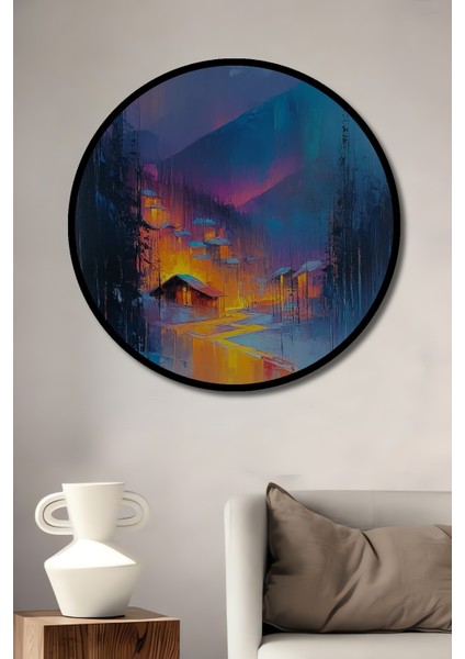 Çerçeve Görünümlü Büyülü Dağ Köyü Ahşap Mdf Dekoratif Ev Duvar Tablo Yuvarlak Ev Duvar Tablo