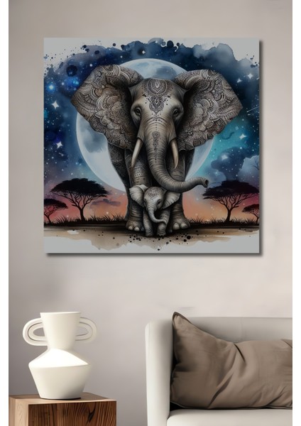 Fil ve Ay Manzaralı Dekoratif Ahşap Mdf Ev/işyeri Duvar Tablo Dikdörtgen Ev/işyeri Duvar Tablo