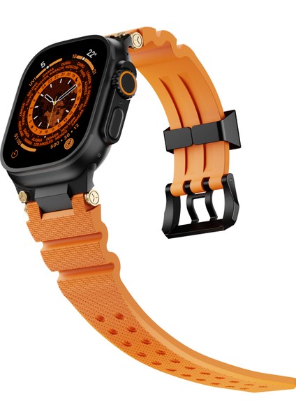 Apple Watch Series 10 46MM/ULTRA 2 Ultra 49MM/9 8 7 45MM/SE (2023) Se (2022) Se 6 5 4 44MM/3 2 1 42MM Siyah Tokalı Silikon Kayış - Turuncu (Yurt Dışından) modelleri