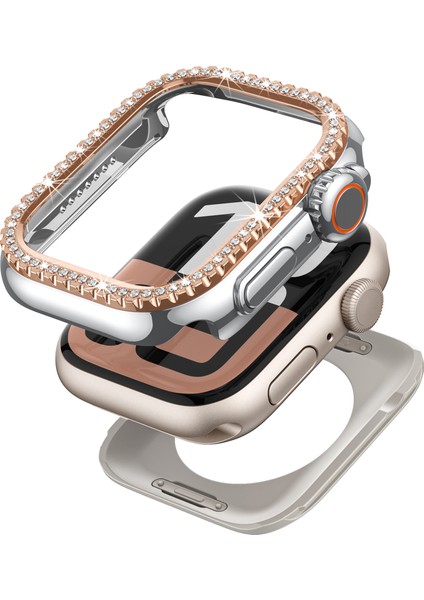 Apple Watch Se (2023)/SE (2022)/SE/6/5/4 44 mm Yapay Elmas Dekorlu Içi Boş Pc Çerçeve Kapağı - Gümüş + Gül Altın Kadranlı Saat Kılıfı (Yurt Dışından)