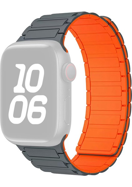 Apple Watch Series 10 Ultra 9 8 7 Se 6 5 4 3 2 1 46MM 49MM 45MM 44MM 42MM Üç Boncuk Tasarımlı Manyetik Silikon Saat Kayışı - Gri/turuncu (Yurt Dışından)