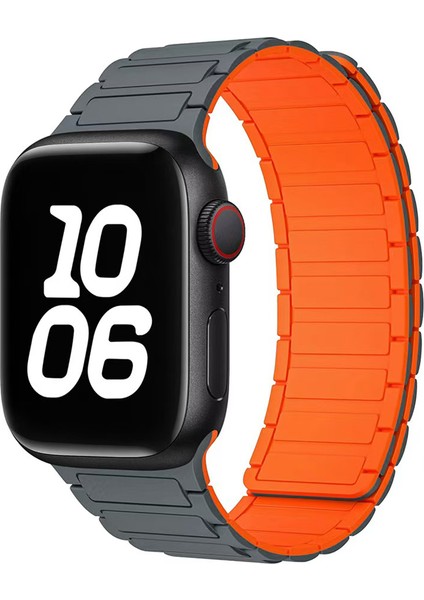Apple Watch Series 10 Ultra 9 8 7 Se 6 5 4 3 2 1 46MM 49MM 45MM 44MM 42MM Üç Boncuk Tasarımlı Manyetik Silikon Saat Kayışı - Gri/turuncu (Yurt Dışından) fırsatları