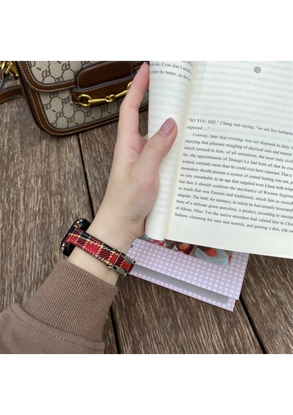 Apple Watch Series 10 42MM/9 8 7 41MM/SE (2023) Se (2022) Se 6 5 4 40MM/3 2 1 38MM Manyetik Tokalı Ekose Dokulu Yün Kayış-Kırmızı (Yurt Dışından) fırsatları