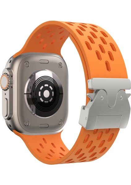 Apple Watch Series 10 46MM/ULTRA 2/ultra 49MM/9 8 7 45MM/SE (2023) Se (2022) Se 6 5 4 44MM/3 2 1 42MM Için Içi Boş Silikon Kayış - Turuncu + Gümüş Toka (Yurt Dışından)