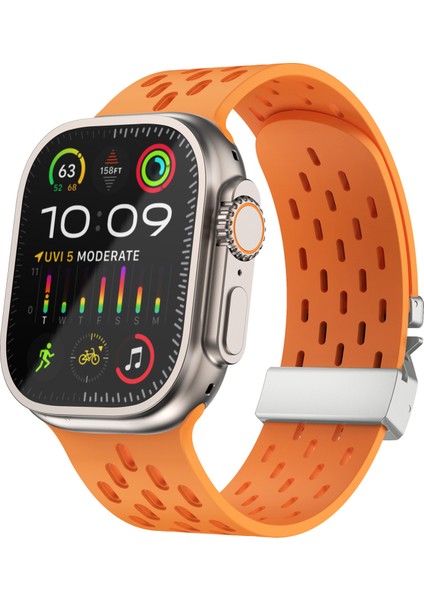 Apple Watch Series 10 46MM/ULTRA 2/ultra 49MM/9 8 7 45MM/SE (2023) Se (2022) Se 6 5 4 44MM/3 2 1 42MM Için Içi Boş Silikon Kayış - Turuncu + Gümüş Toka (Yurt Dışından) modelleri