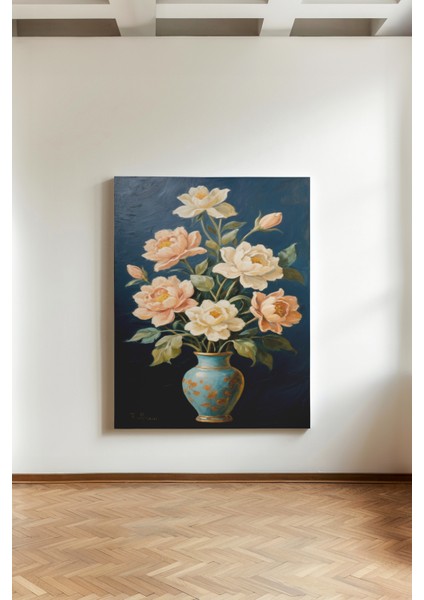 Turkuaz Vazoda Çiçekler - Kanvas Tablo - Klasik Natürmort Çiçek Duvar Dekoru