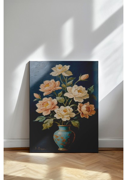 Turkuaz Vazoda Çiçekler - Kanvas Tablo - Klasik Natürmort Çiçek Duvar Dekoru fiyatları