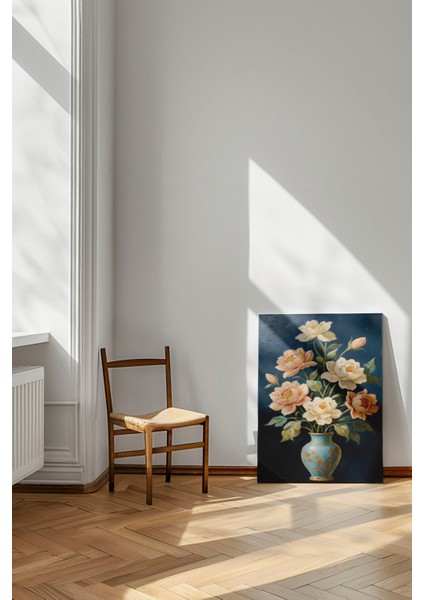 Turkuaz Vazoda Çiçekler - Kanvas Tablo - Klasik Natürmort Çiçek Duvar Dekoru modelleri