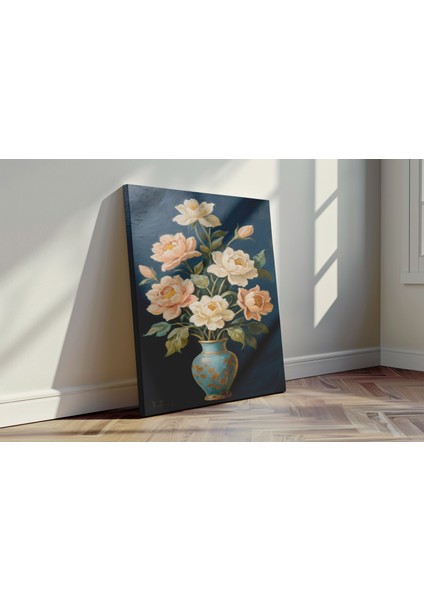 Turkuaz Vazoda Çiçekler - Kanvas Tablo - Klasik Natürmort Çiçek Duvar Dekoru fırsatları