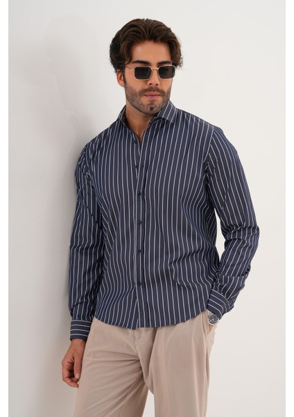 Gömlek Çizgili Pamuklu Mevsimlik Regular Erkek Gömlek