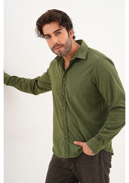 Gömlek Erkek Pamuklu Kadife Kumaş Likralı Mevsimlik Regular Gömlek