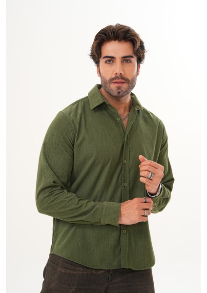 Gömlek Erkek Pamuklu Kadife Kumaş Likralı Mevsimlik Regular Gömlek