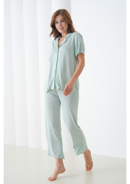 Kadın Pamuk Gömlek Kapri Şık Casual Curve Alt Üst Gecelik Takımı
