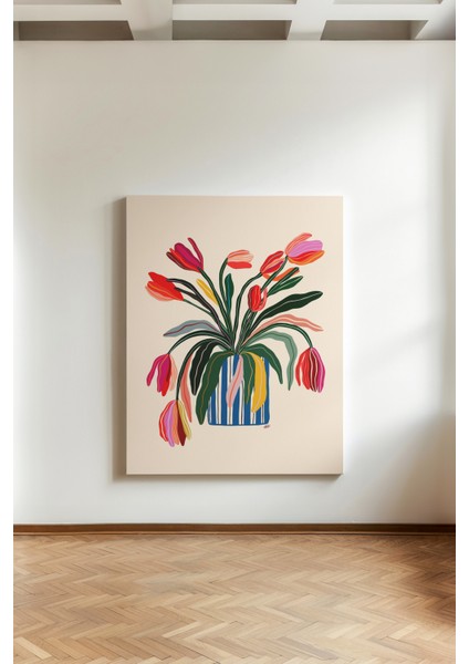 Neşeli Laleler - Kanvas Tablo - Renkli Vazo Pop Art Modern Duvar Dekoru