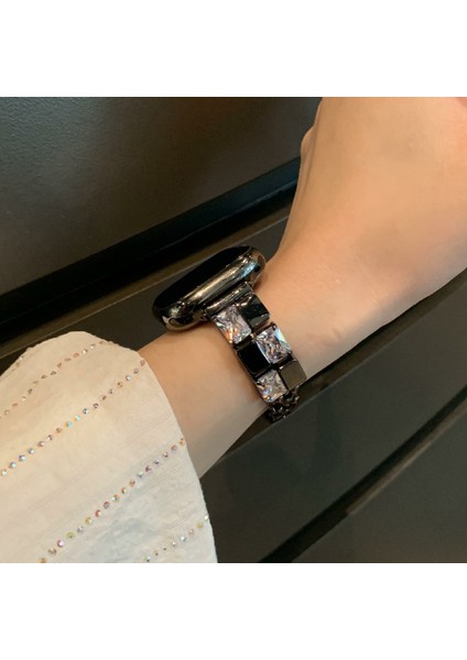 Apple Watch Series 10 42MM/9 8 7 41MM/SE (2023) Se (2022) Se 6 5 4 40MM/3 2 1 38MM Buz Küpü Zirkon Dekor Kayış Bakır Saat Bandı-Siyah (Yurt Dışından) modelleri