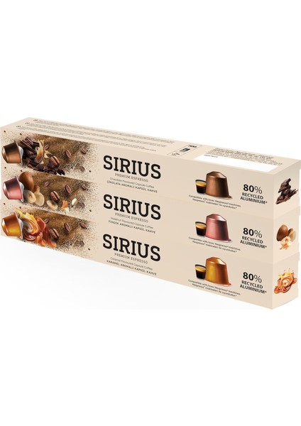 Sirius Premium Aromalı Kapsül Kahve 3'lü Set (Karamel-Çikolata-Fındık)
