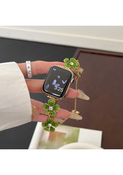 Apple Watch Series 10 42MM/9 8 7 41MM/SE (2023) Se (2022) Se 6 5 4 40MM/3 2 1 38MM Çiçek Zincir Kayış Çinko Alaşımlı Bant-Yeşil (Yurt Dışından) modelleri
