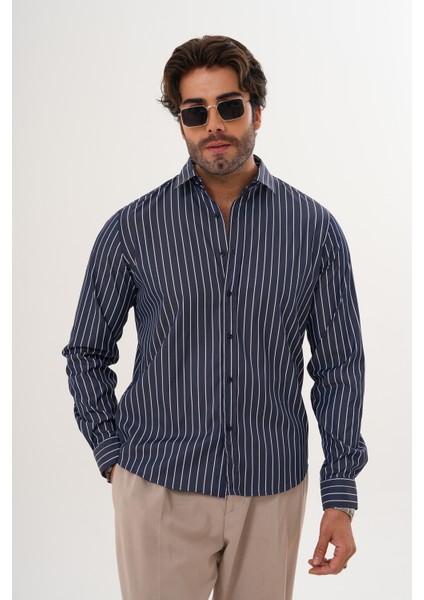 Gömlek Çizgili Pamuklu Mevsimlik Regular Erkek Gömlek