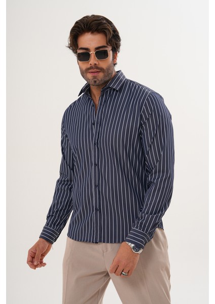 Gömlek Çizgili Pamuklu Mevsimlik Regular Erkek Gömlek