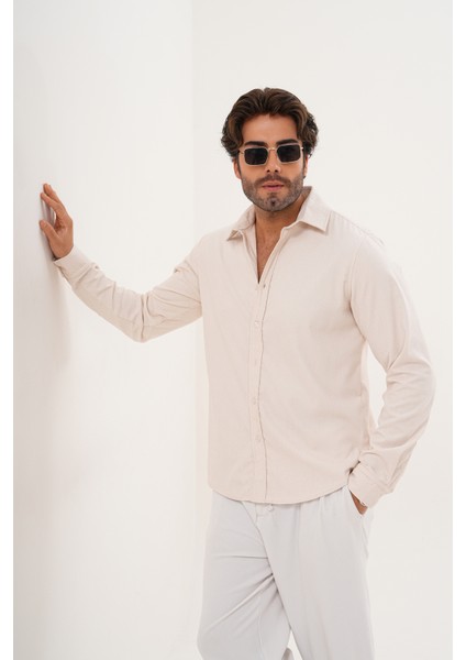 Gömlek Erkek Pamuklu Kadife Kumaş Likralı Mevsimlik Regular Gömlek