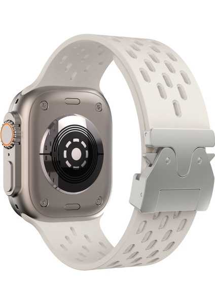 Apple Watch Series 10 46MM/ULTRA 2/ultra 49MM/9 8 7 45MM/SE (2023) Se (2022) Se 6 5 4 44MM/3 2 1 42MM Için Içi Boş Silikon Kayış - Starlight + Gümüş Toka (Yurt Dışından)
