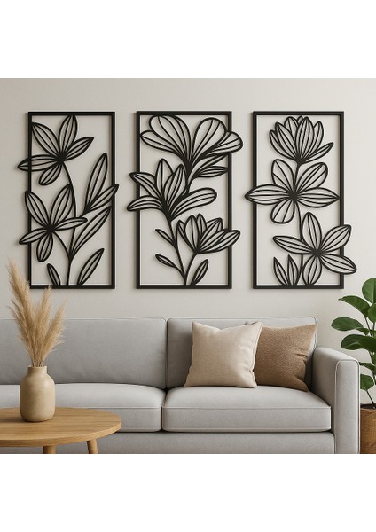 3'lü Metal Çiçek Tablo Seti | Modern Siyah Çerçeveli Duvar Dekoru