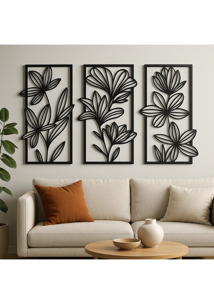 3'lü Metal Çiçek Tablo Seti | Modern Siyah Çerçeveli Duvar Dekoru fiyatları