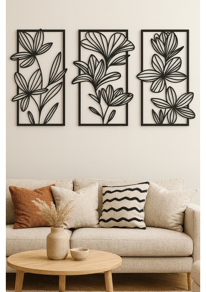 3'lü Metal Çiçek Tablo Seti | Modern Siyah Çerçeveli Duvar Dekoru modelleri