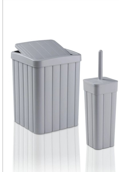2'li Banyo Seti - 10L Pırpır Kapaklı Çöp Kovası ve Wc Fırçalık - Gri