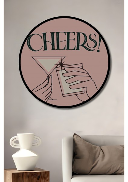 Çerçeve Görünümlü Cheers Kutlama Dekoratif Ahşap Mdf Ev Duvar Tablo Yuvarlak Ev Duvar Tablo