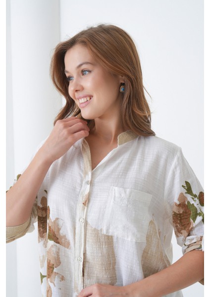 Kadın Tesettüre Uygun Uzun Kol Pamuk Şık Büyük Beden Desenli Curve Rahat Italyan Keten Gömlek fiyatları