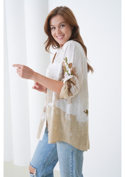 Kadın Tesettüre Uygun Uzun Kol Pamuk Şık Büyük Beden Desenli Curve Rahat Italyan Keten Gömlek fırsatları