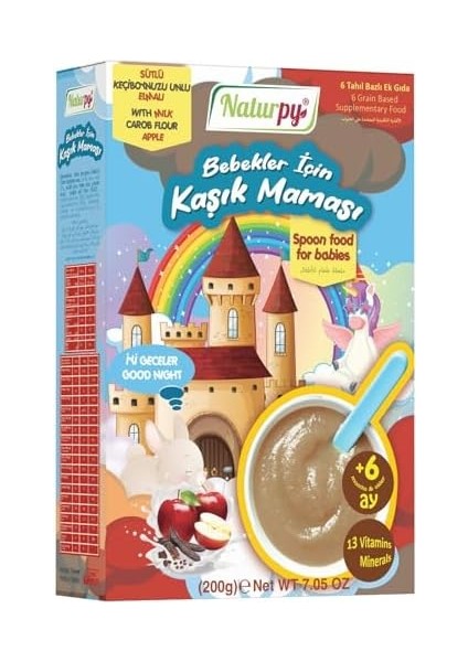 Naturpy 6 Tahıllı Sütlü Keçiboynuzu Unlu ve Elmalı Kaşık Maması