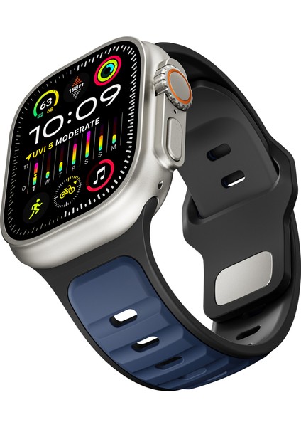 Apple Watch Series 10 46MM/ULTRA 2 Ultra 49MM/SERIES 9 8 7 45MM/SE (2023) Se (2022) Se 6 5 4 44MM/3 2 1 42MM Için Çift Renkli Silikon Kayış - Koyu Mavi + Siyah (Yurt Dışından) modelleri