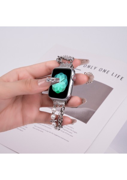 Apple Watch Series 10 42MM/9 8 7 41MM/SE (2023) Se (2022) Se 6 5 4 40MM/3 2 1 38MM Çiçek Paslanmaz Çelik Bilezik Saat Kayışı-Gümüş (Yurt Dışından) modelleri