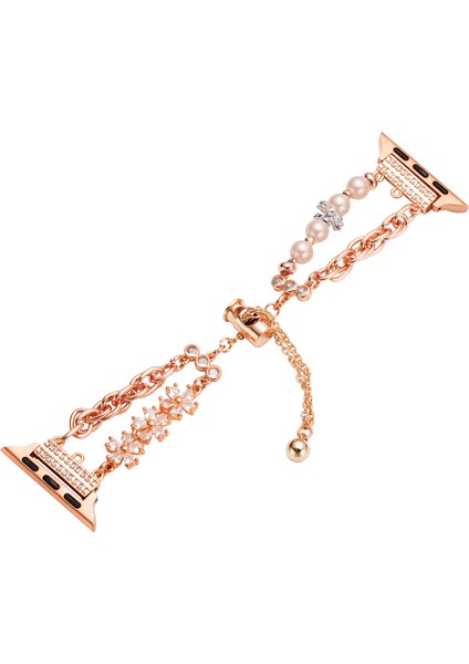 Apple Watch Series 10 42MM/9 8 7 41MM/SE (2023) Se (2022) Se 6 5 4 40MM/3 2 1 38MM Çiçek Paslanmaz Çelik Bilezik Saat Kayışı-Gül Altın (Yurt Dışından)