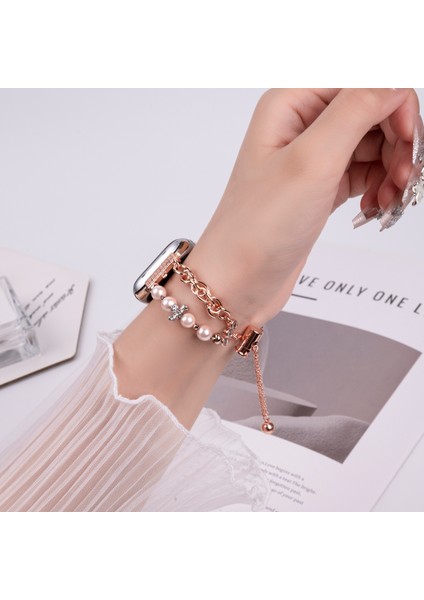 Apple Watch Series 10 42MM/9 8 7 41MM/SE (2023) Se (2022) Se 6 5 4 40MM/3 2 1 38MM Çiçek Paslanmaz Çelik Bilezik Saat Kayışı-Gül Altın (Yurt Dışından) fırsatları