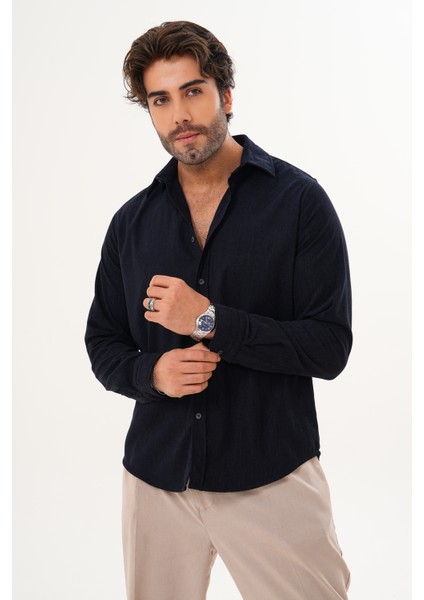 Gömlek Erkek Pamuklu Kadife Kumaş Likralı Mevsimlik Regular Gömlek