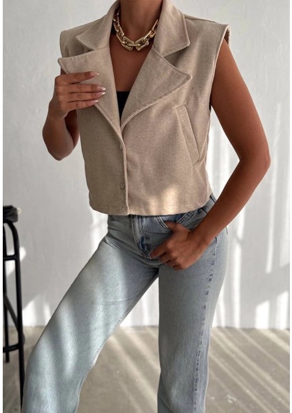 Önü Çıtçıtlı Cepli Kaşe Yelek Bej F2253 modelleri