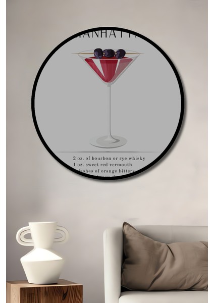 Çerçeve Görünümlü Manhattan Kokteyl Dekoratif Ahşap Mdf Ev Duvar Tablo Yuvarlak Ev Duvar Tablo