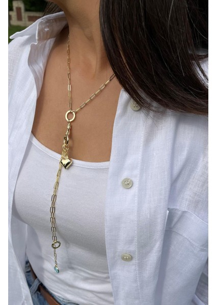 Kalp ve Mavi Charmlı Y Kolye