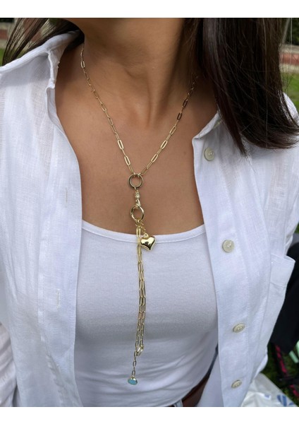 Kalp ve Mavi Charmlı Y Kolye modelleri