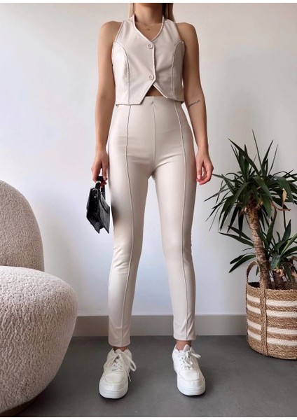 Iki Düğmeli Deri Yelek Krem S243001 modelleri