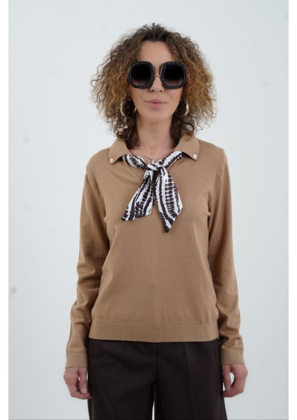 Camel Polo Yaka Fularlı Uzun Kol Kazak