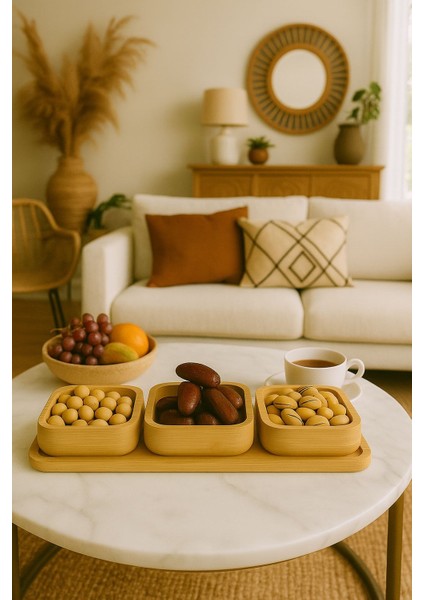 3'lü Bambu Kare Stantlı Çerezlik, Kahvaltılık Kase Seti, Bambu Kuruyemişlik Seti