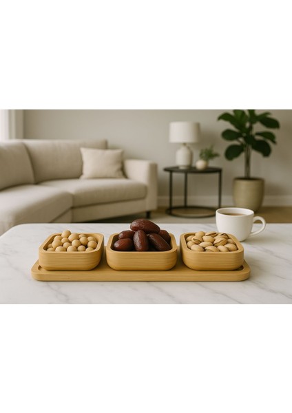 3'lü Bambu Kare Stantlı Çerezlik, Kahvaltılık Kase Seti, Bambu Kuruyemişlik Seti modelleri