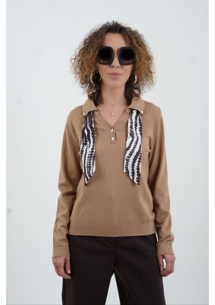 Camel Polo Yaka Fularlı Uzun Kol Kazak modelleri