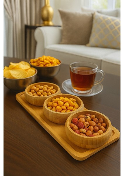 3'lü Bambu Stantlı Çerezlik, Kahvaltılık Kase Seti, Bambu Kuruyemişlik Seti