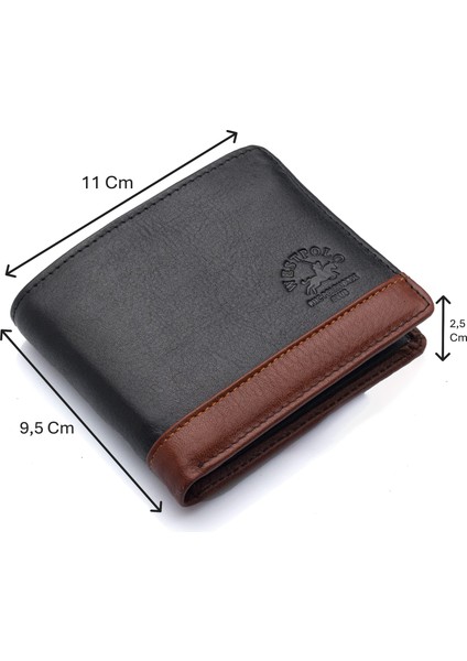 Hakiki Deri Kağıt Para ve Bol Kart Bölmeli Erkek Cüzdanı - Siyah-Taba