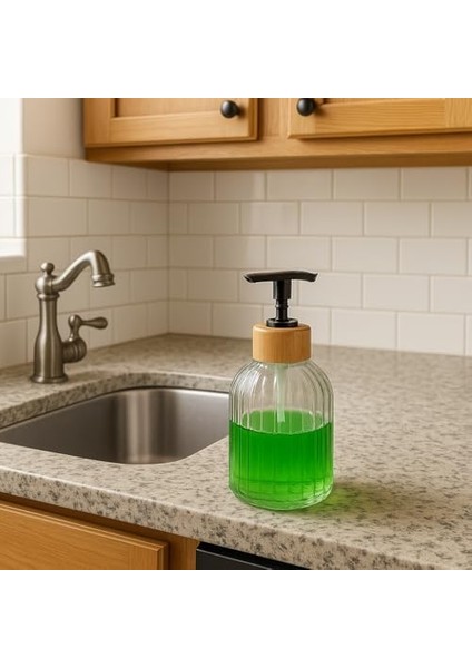 Cam Sıvı Sabunluk – Bambu Başlıklı | Şeffaf Cam Gövde |, Mutfak ve Lavabo Üstü Kullanım Için Modern Pompalı Sabun Dispenseri 300 ml fiyatları